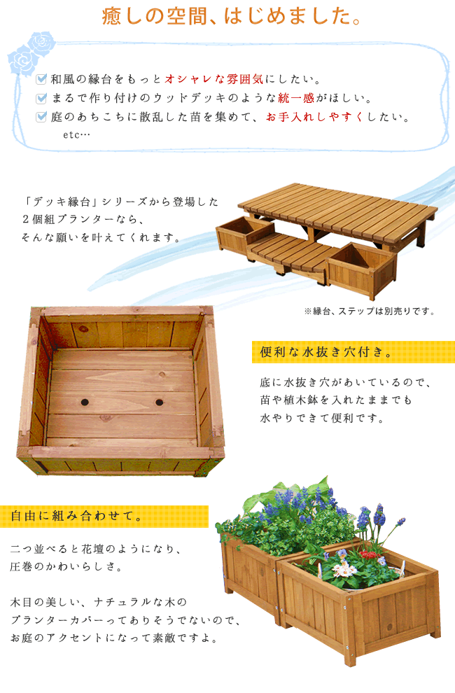 ウッドデッキ デッキ縁台プランター2個組 プランター プランターカバー DIY 木製 天然木 庭 ベランダ マンション おしゃれ 北欧 ナチュラル ガーデニング 屋外 ライトブラウン ガーデン エクステリア ガーデン用品 3個組 4個組 新生活