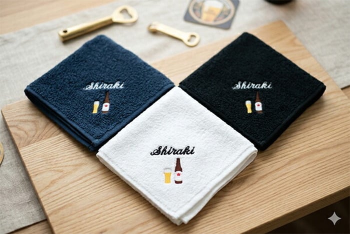 ミニタオル ビール 瓶ビール タンブラーとお名前の刺繍入り 名入れ 今治タオル ハンドタオル タオルハンカチ ハンカチタオル 25cm オリジナル オーダーメイド メンズ レディース 退職記念品 退職祝い 【mt-17】