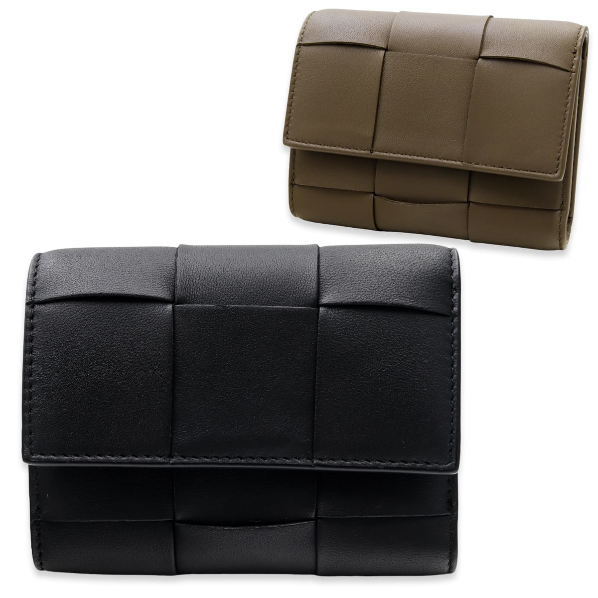選べる2色 ボッテガヴェネタ BOTTEGA VENETA 三つ折り財布 レディース メンズ マキシイントレチャート 本革 ミニ財布 小銭入れ付き ブラック トープグレー カード6枚 750245 V3UO1