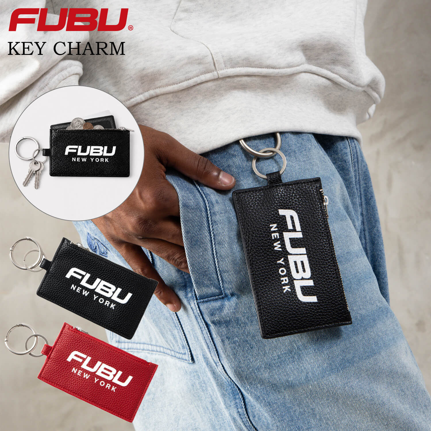 FUBU フブ キーチャーム メンズ レディース fam-62903 キーホルダー コインケース カードケース フラグメントケース 小銭入れ 財布 フェイクレザー ロゴ ストリート ヒップホップ ダンス カジュアル 小物 ギフト プレゼント 2026FW Karlas