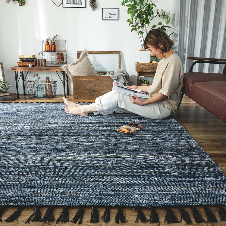 ラグ カーペット マット デニム 綿100％ おしゃれ 西海岸 ヴィンテージ ブルックリン 男前インテリア ホット 対応 オールシーズン インド製 コットン エスニック アメカジ 北欧 リビング 寝室 一人暮らし 130×190 190×190 新生活