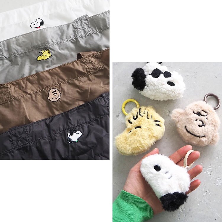 スヌーピー エコバッグ チャーム付き SNOOPY 折りたたみ コンパクト カラビナ付き 買い物バッグ サブバッグ トートバッグ ポーチ付き 持ち運び ふわふわ もこもこ マスコット ウッドストック チャーリーブラウン ジョークール キャラクター かわいい 女性 ギフト プレゼント
