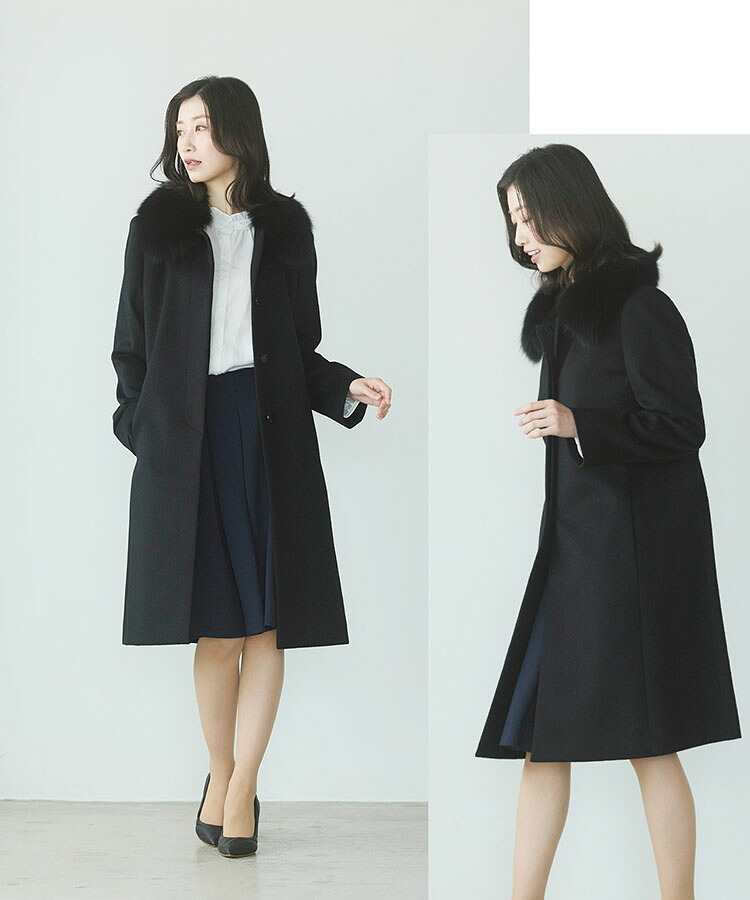 コート レディース カシミヤ 100% ロング ゆったり 大きめ きれいめ 大きいサイズ ミセス フォックス ファー カシミヤコート ロングコート ステンカラーコート ロング丈 フォーマル 黒 襟 秋 冬 冠婚葬祭 ギフト プレゼント 6F (02000038r)
