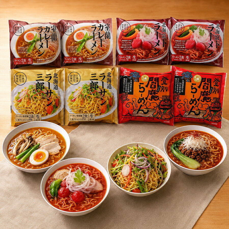 メーカー直送 望月製麺所 北海道バラエティラーメン食べ比べセット（8食）FNO3  26-6019-17 贈答品 自宅用 プレゼント 人気  お誕生日 北海道発祥のラーメンサラダや登別の閻魔ラーメン等北海道胃の個性豊かなラーメンセット