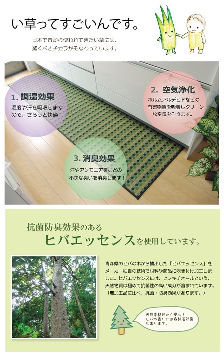 キッチンマット 120 い草ドット柄 マルチ 『ドロップ』 約43×120cm （裏面:滑りにくい加工）