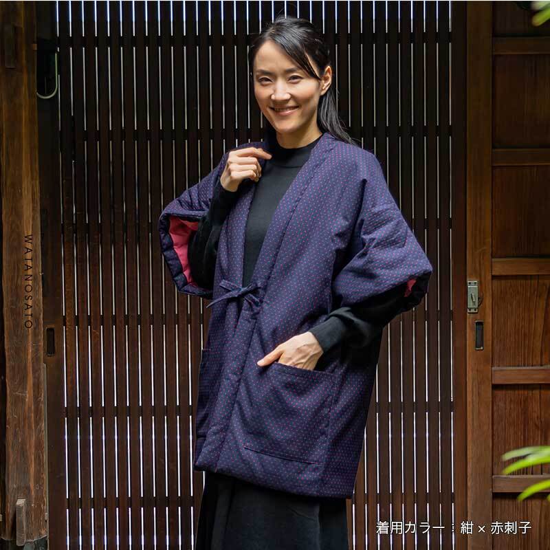 日本製 久留米はんてん 奴型 刺子柄 袢纏 半天 半纏 どてら ちゃんちゃんこ 丹前 おしゃれ あたたかい 部屋着 手づくり 綿100% レディース