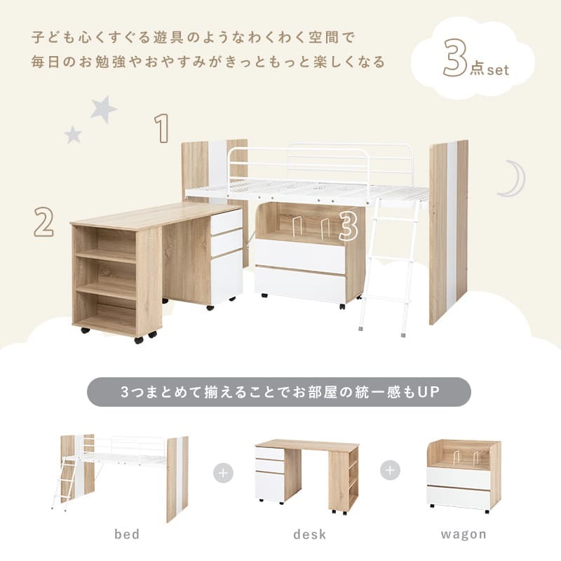 システムベッド システム デスク+ワゴン+ 3点セット ロフト 下収納 キャスター付き デスク 学習デスク 勉強机 サイドワゴン かわいい 子供部屋 キッズ家具 子ども部屋 進学 入学 ロフトベッド 学習机付きベッド デスク付きベッド 子供用ベッド 寝具 新生活