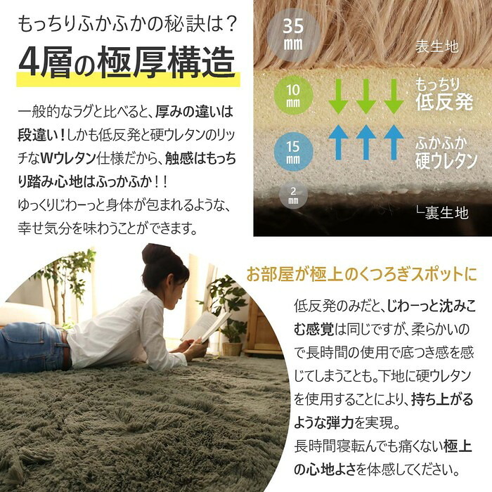 ラグ シャギーラグ 極厚35mm 厚手 防音 130×190cm 190×190cm 190×240cm 円形 直径190cm 1.5畳 2畳 3畳 滑り止め 手洗い 床暖房 ホットカーペット対応 オールシーズン 北欧 おしゃれ シフォンプラス ふわふわ