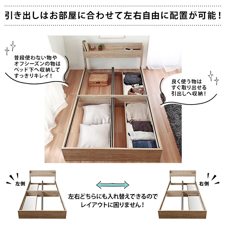 ベッド 寝具 マットレスセット USBコンセント付き 引出し収納 グレーマットレス マットレス付き 収納 シングル 収納付き 引き出し付き 大容量 セット 両面仕様 リバーシブルマットレス付き コンセント付き 宮付き ダブル