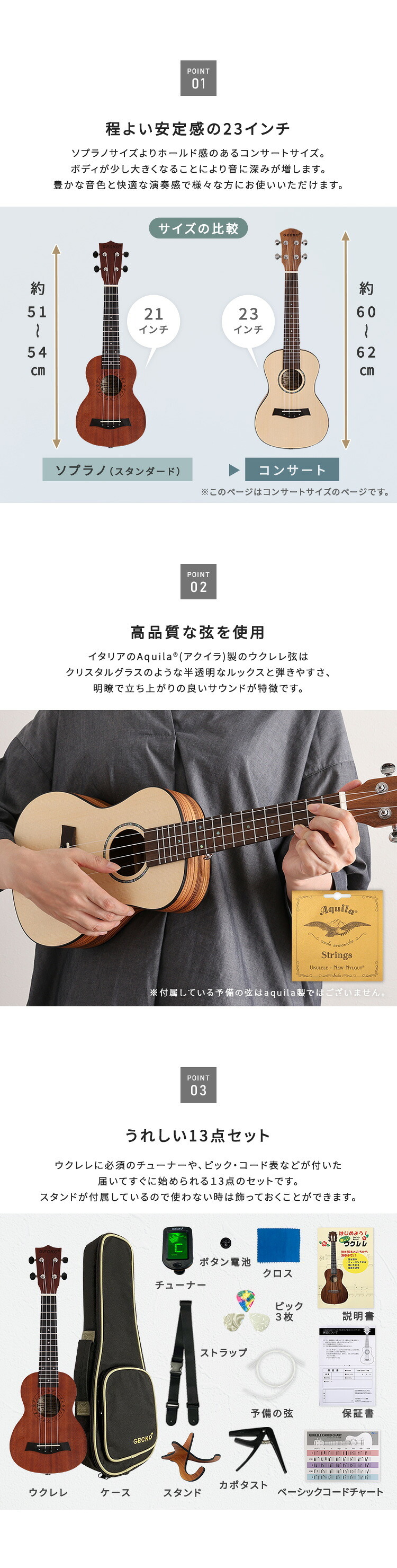 初心者でも始めやすい ウクレレ 13点セット 23インチ(コンサート)