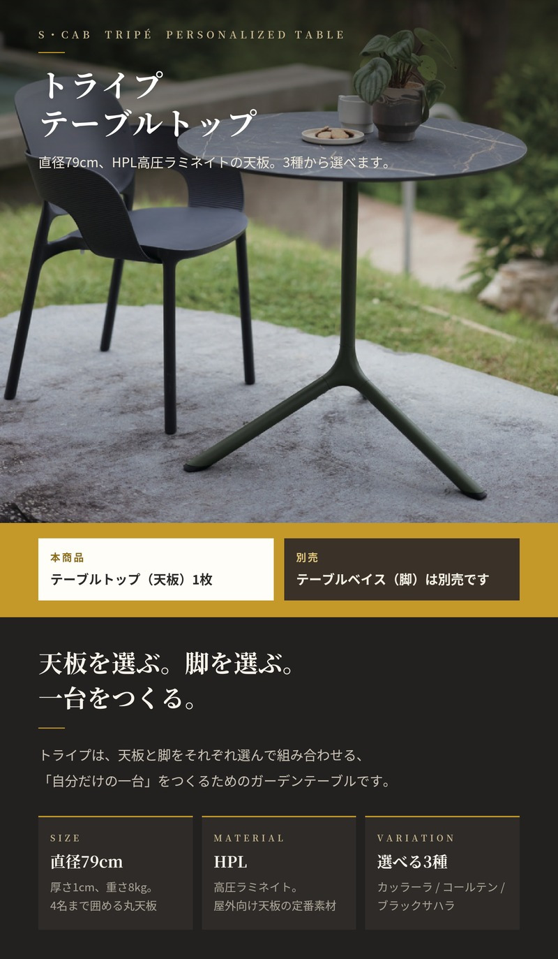 テーブルトップ 天板のみ 脚別売 ガーデンテーブル 屋外 円形 直径79cm HPL 高圧ラミネイト 大理石調 トライプ エスキャブ S・CAB イタリア カッラーラ コールテン ブラックサハラ カフェ 店舗 業務用 おしゃれ モダン デザイナーズ