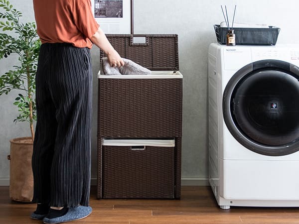 収納家具 ラック ランドリーボックス 収納 上下 2段 洗濯かご カゴ バスケット RB-500 スリム 縦型二段式 ラタン 軽量 キャスター付き フタ付 ふた付き 洗濯物入れ おしゃれ 分別 ランドリーバスケット 大容量 脱衣カゴ ランドリー収納