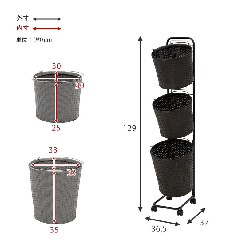 ラック ランドリー 3段 幅36.5cm カゴ 洗濯かご 4個つき 洗濯機 収納 おしゃれ スリム 縦型 洗濯機収納 ランドリー収納 ホワイト グレー 収納棚 洗濯物 洗面所 脱衣所 新生活