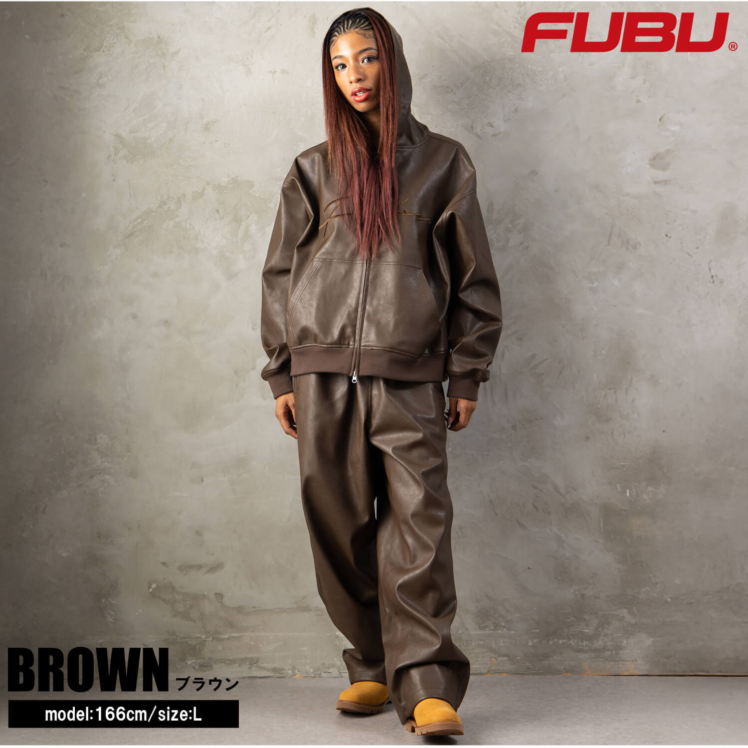 FUBU フブ レザージャケット メンズ レディース fam-62300 フェイクレザー ジップ フーディー パーカー ブルゾン 合皮 スクリプトロゴ 刺繍 ビッグシルエット ストリート ヒップホップ ダンス カジュアル M L XL XXL 2026FW Karlas