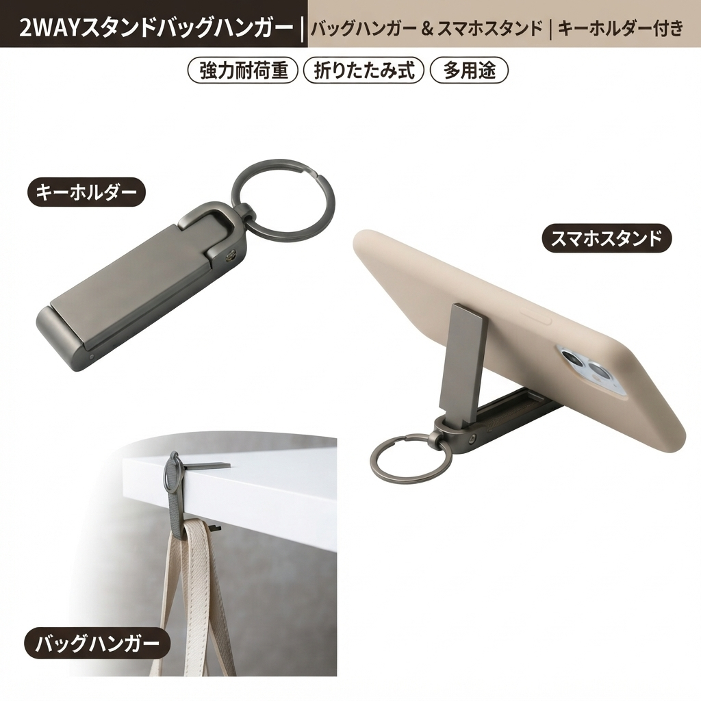 心地よい日常を贈る 2WAYスタンドバッグハンガー（スマホスタンド機能付き） 記念品・お祝い・法人ギフト用個装箱入り