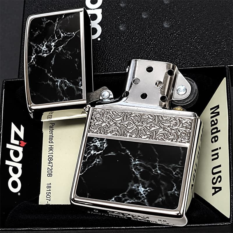 ZIPPO かっこいい アラベスク＆黒大理石 ジッポライター Arabesque Marble 両面加工 彫刻 シルバー ブラック ギフト おしゃれ 黒銀 メンズ プレゼント 送料無料