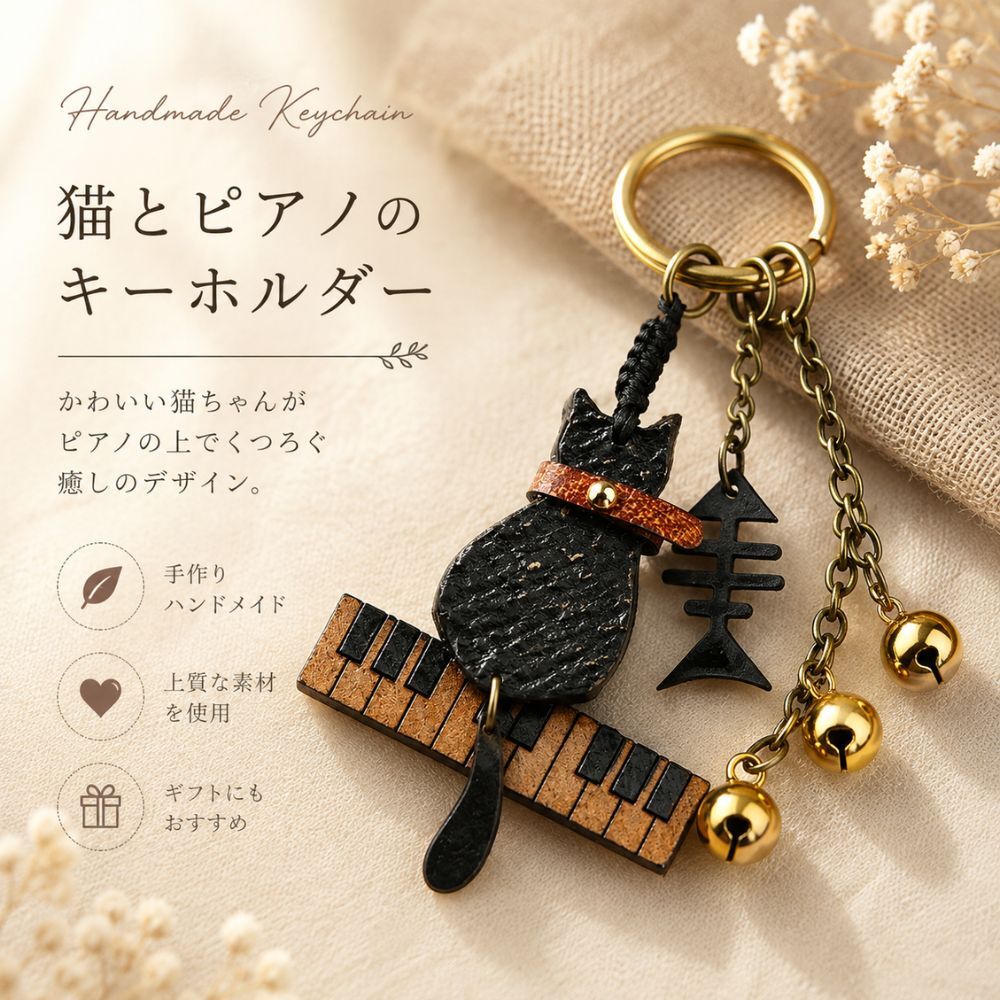 猫 キーホルダー 本革 ピアノ 猫モチーフ 魚の骨 鈴付き レザー バッグチャーム キーリング 音楽 楽器 ねこ ネコ おしゃれ かわいい プレゼント ギフト