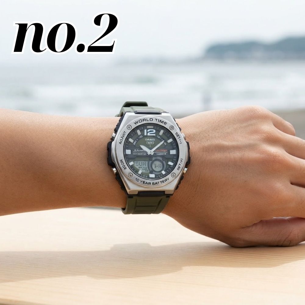 逆輸入限定 希少 カシオ 腕時計 メンズ アナデジ ブラック ブルー カーキグリーン CASIO 海外モデル 10年電池 100m防水 ワールドタイム ストップウォッチ タイマー アラーム スポーツ アウトドア プレゼント ギフト 収納ケース付き 男性 成人 卒業 入学