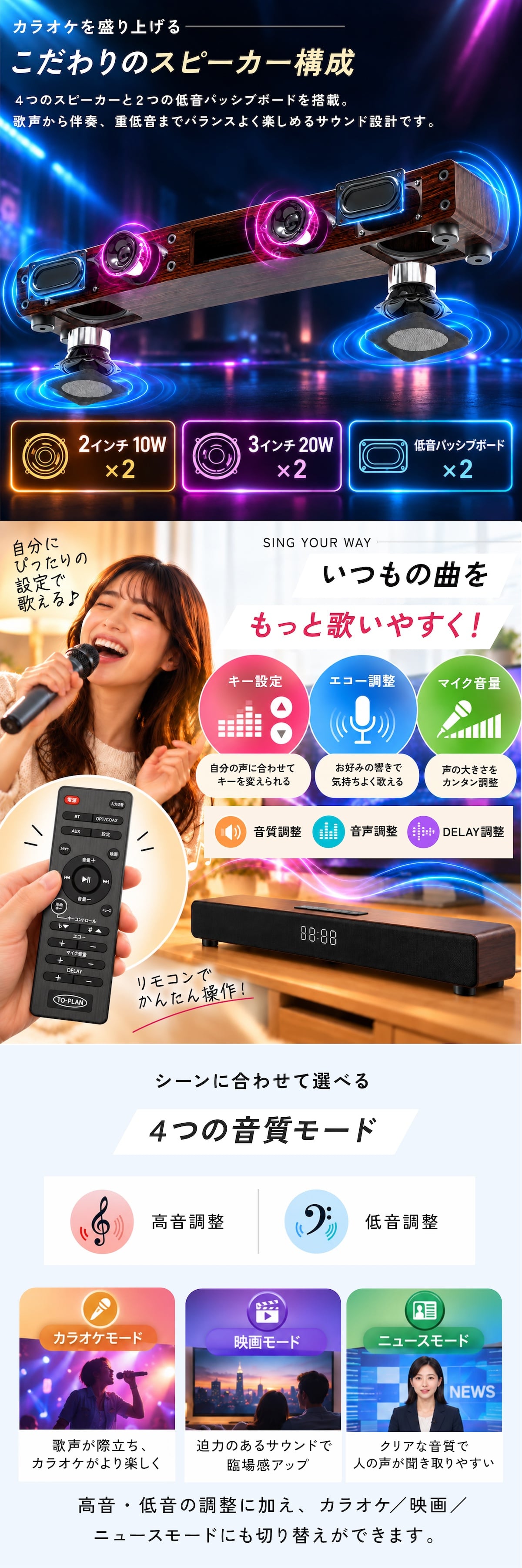 アンプ内蔵カラオケスピーカー サウンドプロN TKSM-37 家庭用 to-plan TO-PLAN  ワイヤレスマイク2本付き デュエット アンプ内蔵 Bluetooth 5.0 ホームシアター対応 カラオケアプリ使用 ひとカラ 練習 おうちカラオケ