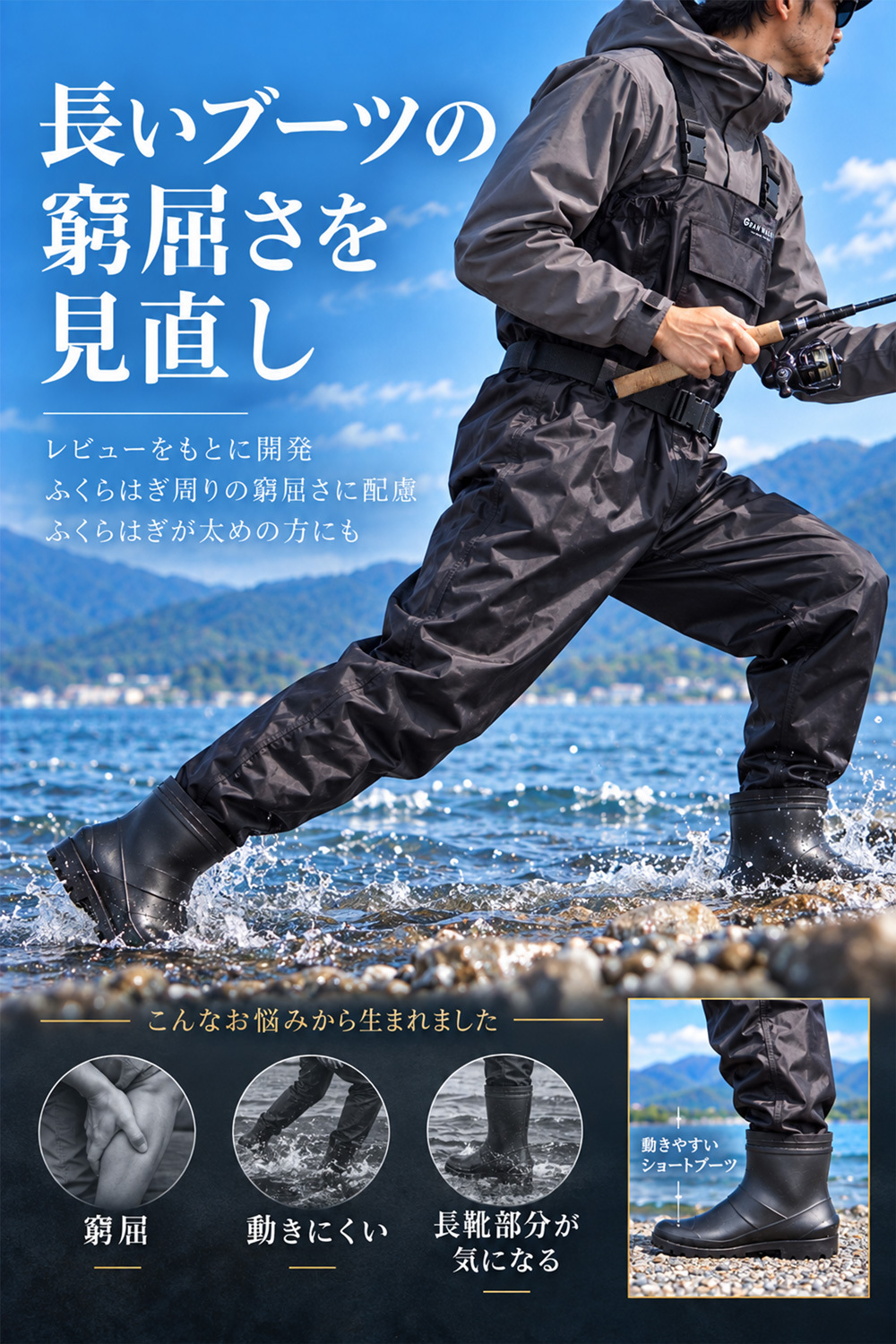 GranWalker グランウォーカー ショートブーツ チェストハイウェーダー ラジアルソール 軽量 完全防水 釣りグッズ 渓流 サーフ アウトドア用 キャンプ