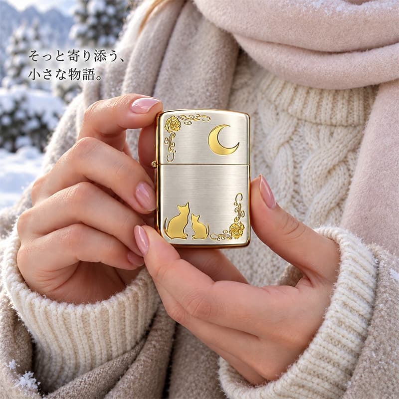 ZIPPO ライター ネコ シルバー ジッポ 猫 可愛い ゴールド 月 薔薇 銀金 女性 ねこ かわいい バラ ギフト プレゼント おしゃれ レディース