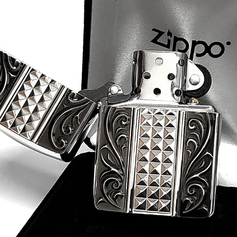 ZIPPO ライター アーマーカスタム ライン ジッポ 両面加工 細密彫刻 中世模様 銀 いぶし仕上げ シルバー かっこいい 重厚 高級 おしゃれ メンズ ギフト プレゼント