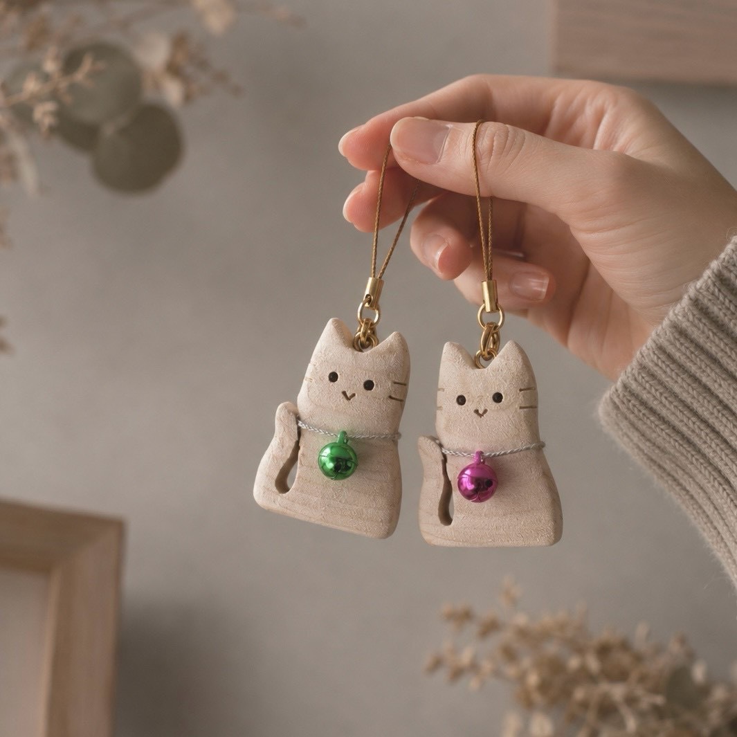 ねこの木製ストラップ｜国産ヒノキ｜かわいい猫モチーフ｜バッグ・ポーチ・鍵にも｜木のぬくもり