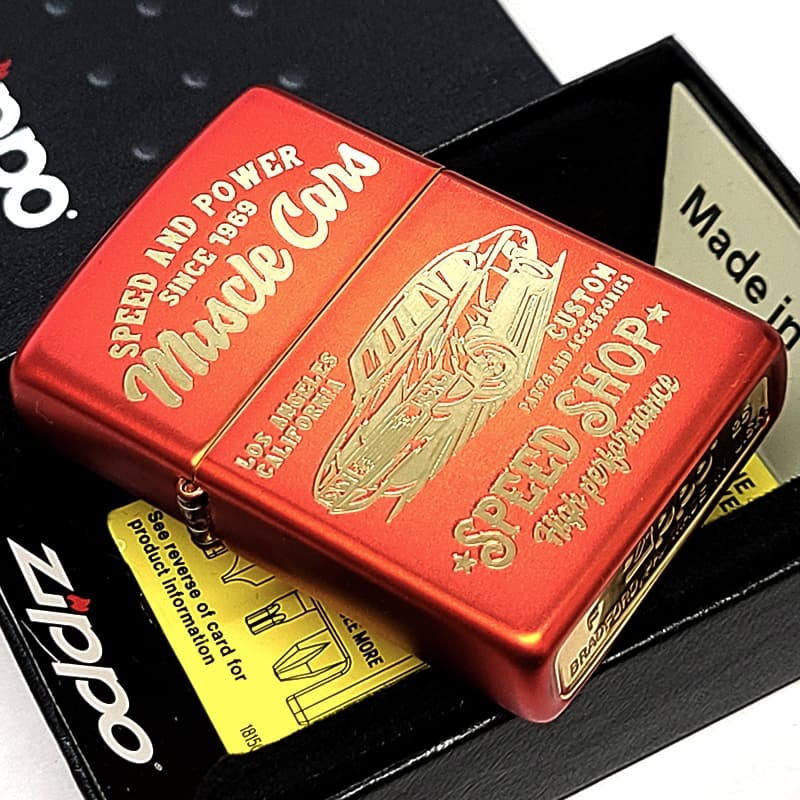 ZIPPO 車 クラシック ジッポ ライター マット加工 かっこいい レッド＆ ゴールド MUSCLE CAR アメリカン ビンテージ 彫刻 おしゃれ 艶消し 赤金 ギフト メンズ プレゼント