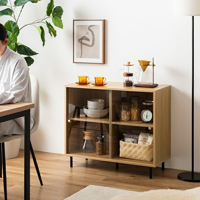 食器棚 キッチン収納 キャビネット ガラス扉 木製 スリム チェスト 収納 サイドボード 一人暮らし リビングボード ローチェスト ローボード Laura ラウラ 本棚 ディスプレイラック ガラス 飾り棚 収納棚 収納家具 幅80 引き戸 スライド：