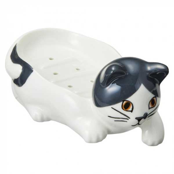 ソープディッシュ ハチワレ 磁器製 石鹸置き おしゃれ かわいい 水切り 猫グッズ 猫雑貨 洗面所 バスグッズ 白黒 猫柄 ギフト プレゼント セトクラフト
