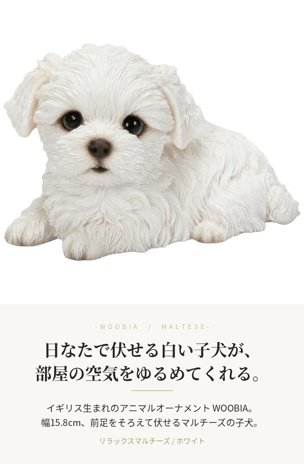 置物 woobia ウービア 犬 白い犬 リラックスマルチーズ 白 幅15.8cm 伏せ 小型犬 寝そべり リアル 本物そっくり イギリス生まれ 職人手彩色 縁起物 戌年 玄関 インテリア 新築祝い 引っ越し祝い 開店祝い 出産祝い 誕生日 お祝い ギフト プレゼント 犬好き マルチーズ好き