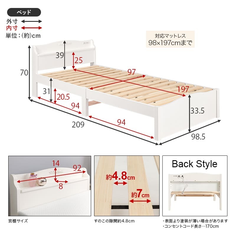 ベッド 寝具 すのこ 約3分で組立完了 シングル 宮付き コンセント付き 棚 簡単組立 耐荷重200kg パイン材 角丸 韓国 女子 おしゃれ かわいい ホワイト 北欧 フレーム 天然木フレーム 一人暮らし 新生活