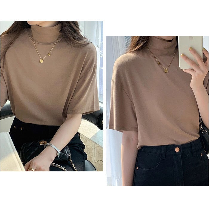 tシャツ 通販 カットソー レディースTシャツ トップス 半袖 ハイネック オフィスカジュアル モックネック 通勤 通学 女性 レディース ゆったり ゆるT 無地 ストレッチ 大きいサイズ カジュアル シンプル プルオーバー インナー