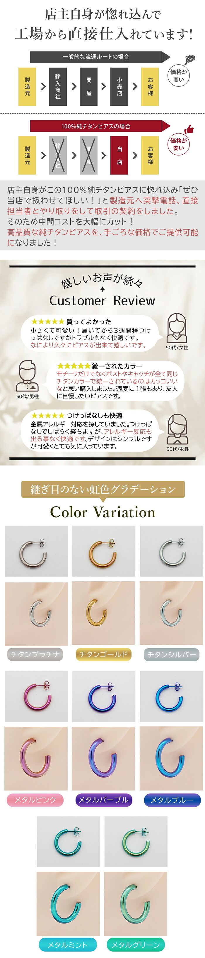 ピアス チタン フープ ハーフ 大きめ 純チタン 幅3mm×直径20mm 全8色 アレルギー対応 医療用 日本製 おすすめ メンズ レディース 片耳 1個 かわいい カラフル