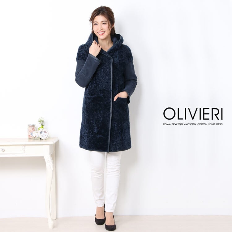 OLIVIERI/オリヴィエリ シェアード ムートン ロング コート ダブルフェイス フード付き イタリア製/レディース 毛皮 ファー ロングコート アウター 秋 冬 ギフト プレゼント 7F (01000692r)