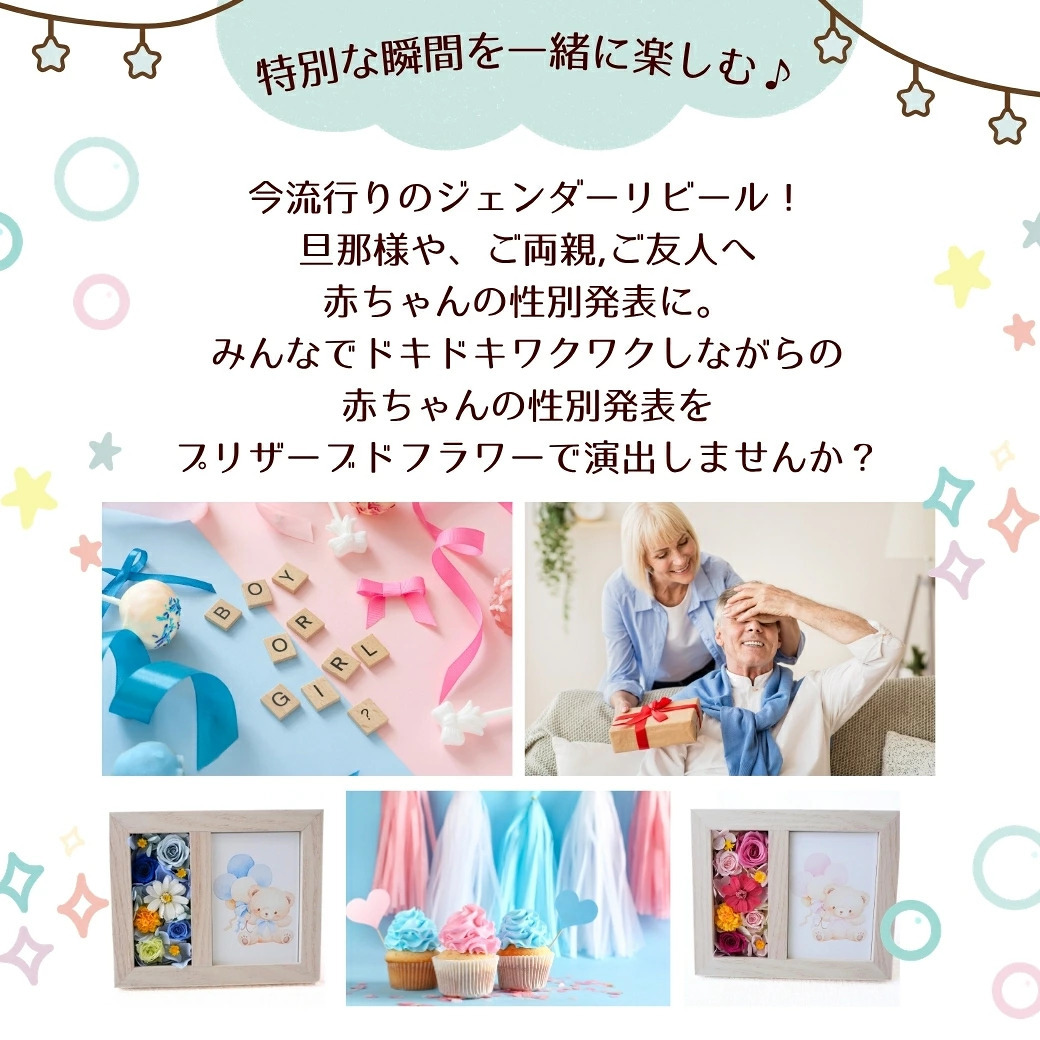 プリザーブドフラワー 【ジェンダーリビールフラワー02】　ジェンダーリビールとは、赤ちゃんの性別を 旦那さんや家族、友人にお披露目するイベントのことです。性別発表 花 フラワー 妊娠 サプライズ 男の子 女の子 帰省 妊娠報告 可愛い かわいい ホワイトデー イベント 性別 敬老の日
