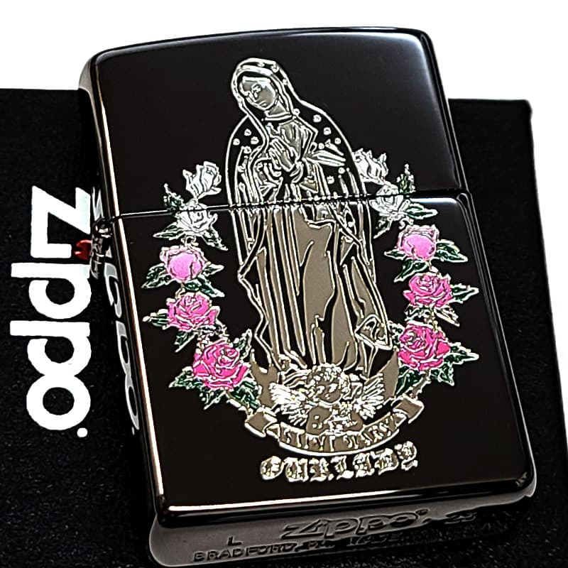 ZIPPO マリア＆ローズ ブラックニッケル ピンク ジッポー ライター 黒 エッチング彫刻 アベマリア おしゃれ バラ ギフト プレゼント Ave Maria 薔薇 メンズ レディース