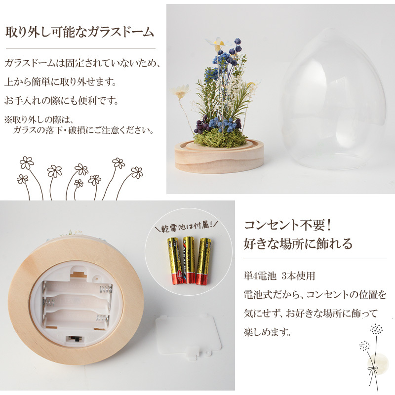 名入れ LEDフラワー マーガレット ガラスドーム タマゴ型 フラワーギフト 花ギフト 間接照明 インテリア プレゼント 誕生日 記念日 母の日 お祝い 女性