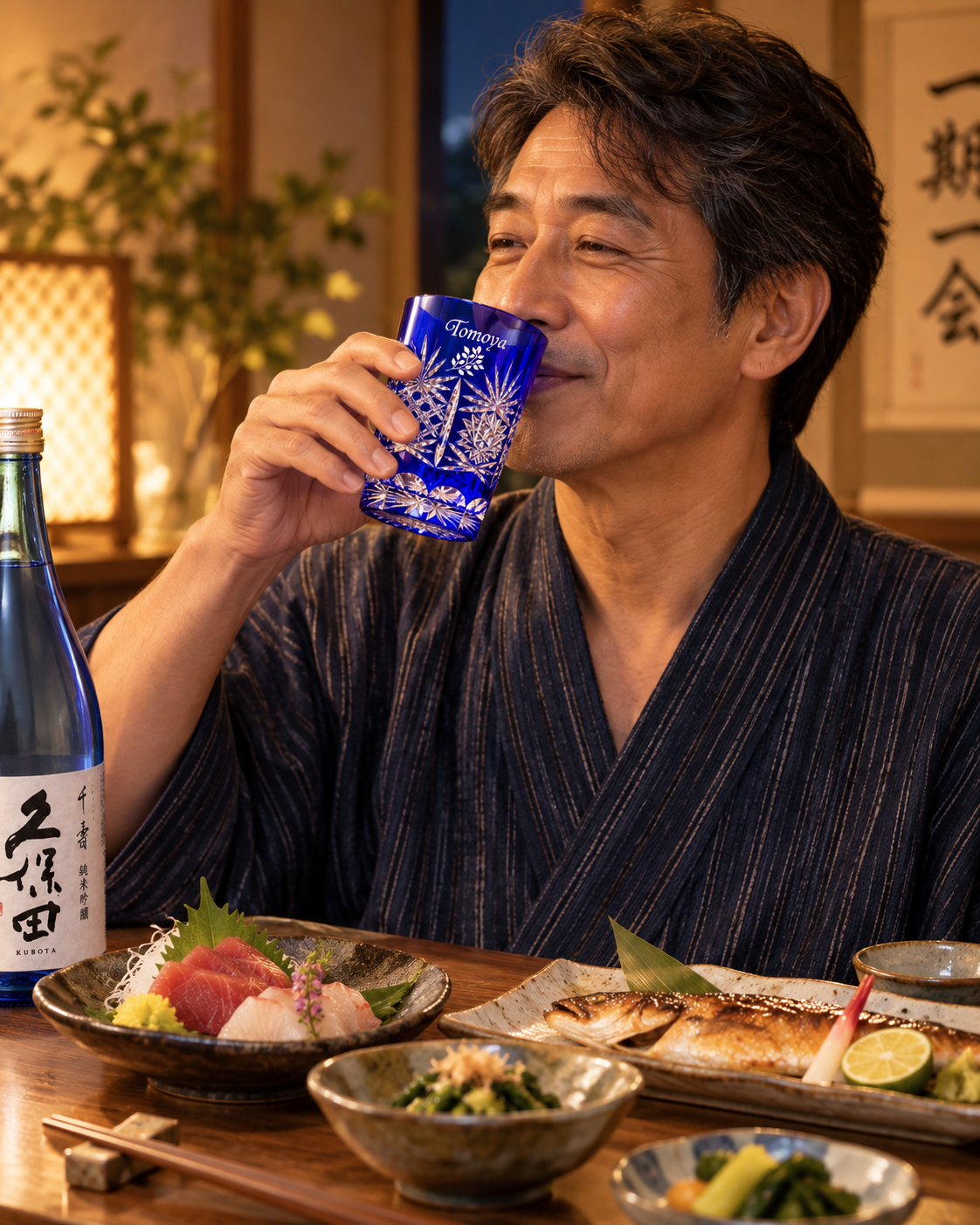 敬老の日 退職 名入れ SXX 酒セット 久保田 千寿 純米吟醸 300ml 瑠璃切子グラスと久保田 千寿のプレミアム酒器セット コサージュ付 ギフトBOX入り /