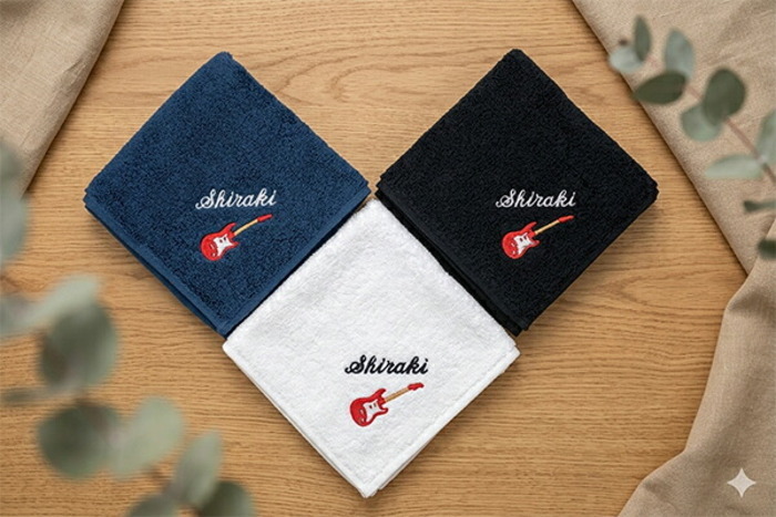 卒団記念品 ギター エレキギター ミニタオル 刺繍名入れ 部活 卒業 今治タオル ハンドタオル タオルハンカチ 25cm オリジナル オーダーメイド メンズ レディース お名前/イニシャル アルファベット ローマ字 退職記念品 退職祝い 軽音楽部 【mt-19】