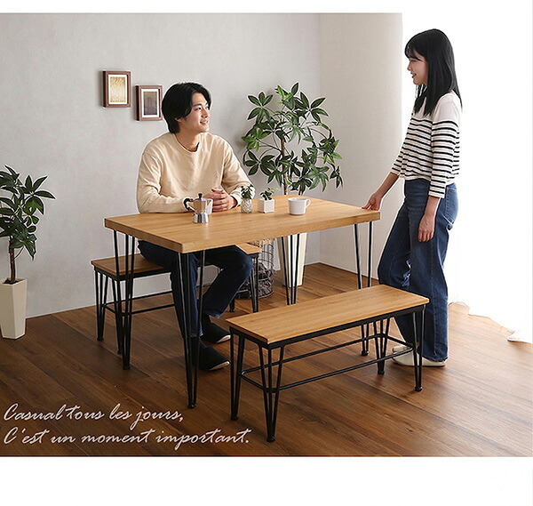ダイニング家具 4人用 ダイニングテーブルセット ヴィンテージ風 カフェ風ダイニングテーブル 3点セット ダイニング3点セット ダイニングセット 4人掛け テーブル幅110cm 奥行56cm 高さ73cm ベンチ幅86cm 奥行30cm 座面高さ42cm