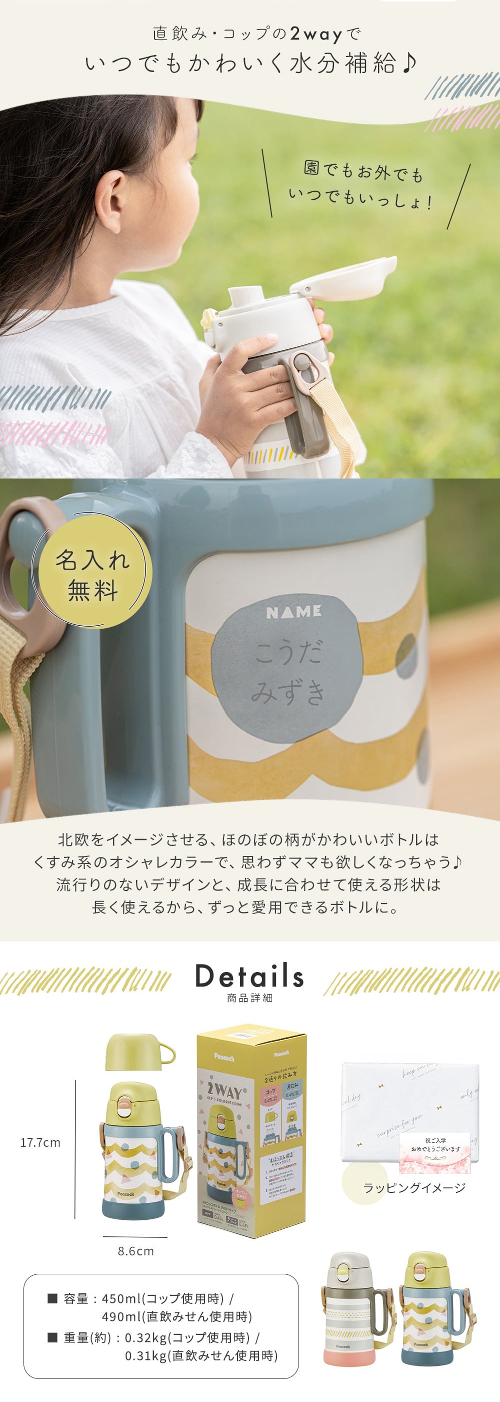 名入れ ピーコック2WAYステンレスボトル ピーコック 水筒 ワンタッチ 490ml 450ml 直飲み コップ付き 2way 保温 保冷 コップ飲み 肩紐 おしゃれ かわいい 魔法瓶 ASN-W50 名入れ無料 あす楽 プレゼント ギフト 出産祝い 入園祝い 誕生日 ギフト