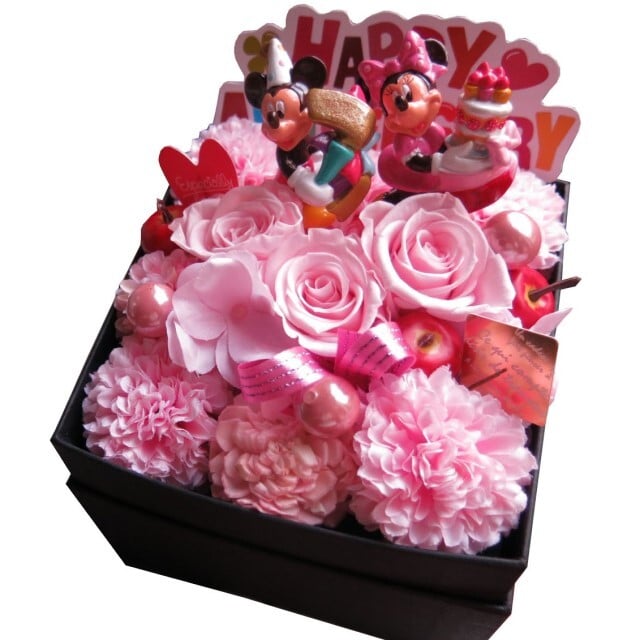 結婚記念日 ミッキー ミニー入り 花束風フラワーボックス 枯れないプリザーブドフラワー入り 箱を開けてサプライズ 人気 彼女 友人 女性 友達