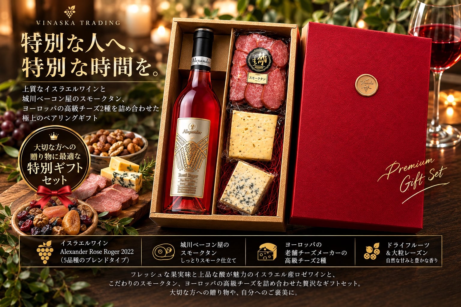 高級赤ワイン＆スモークタン＆欧州高級チーズ2種 ギフトセット Alexander Rose Roger 2022 