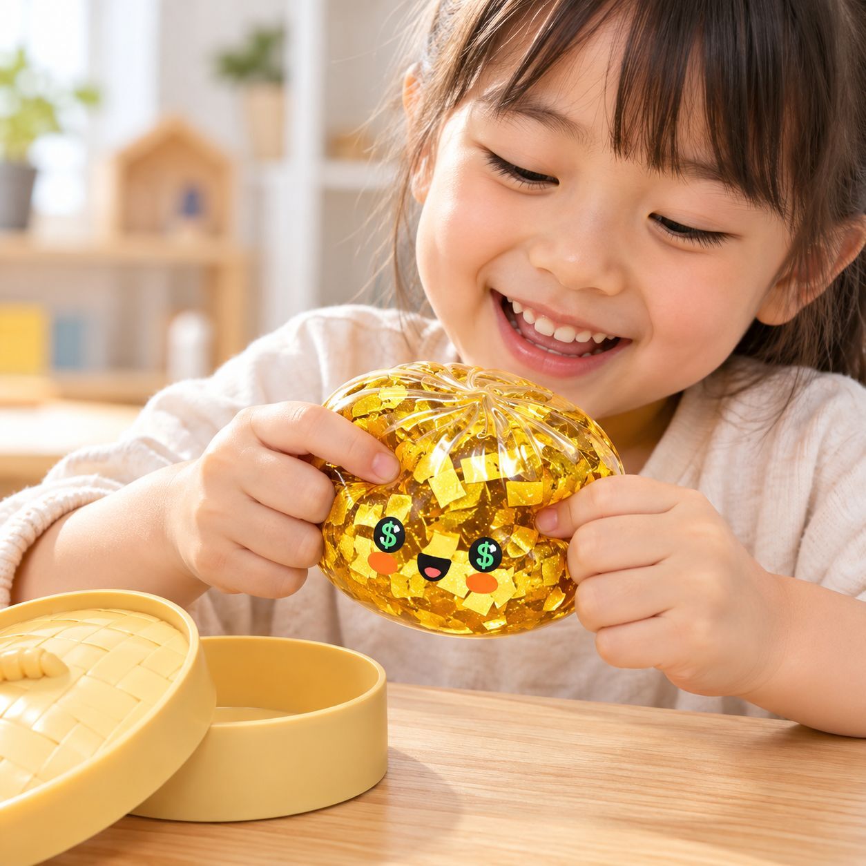 SNSでバズり中！新作 スクイーズ 金色肉まん 肉まん もちもち ぷにぷに キラキラ ゴールド 蒸籠付き SNSで話題 SNS映え 動画映え 感触玩具 ストレス解消 癒しグッズ おもしろ雑貨 子供 大人 プレゼント