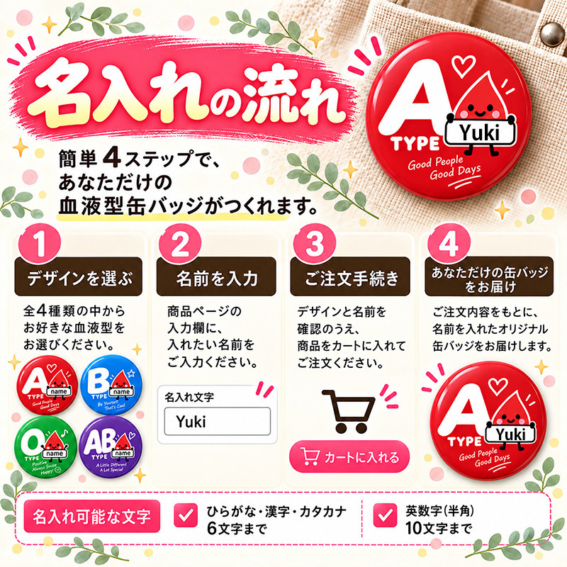 名入れ 缶バッジ 血液型 全4種 選べる 名前入り おしゃれ かわいい キャラクター オリジナル A型 B型 O型 AB型 ネームバッジ 名札 プレゼント ギフト 誕生日 記念品 イベント 自己紹介 推し活 お祝い 男性 女性 メンズ レディース