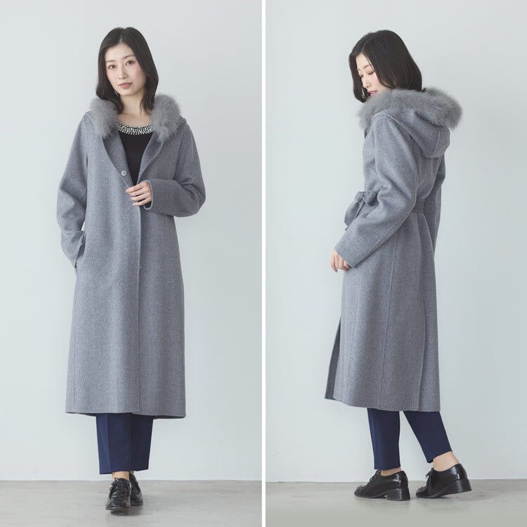 カシミヤ ブレンド ウール ロング コート ダブルフェイス フォックス ファー付き 110cm 比翼 一枚仕立て アウター フード付き ネイビー/ライトグレー/ブラック/9号/11号/13号 Filomo (02000227r)