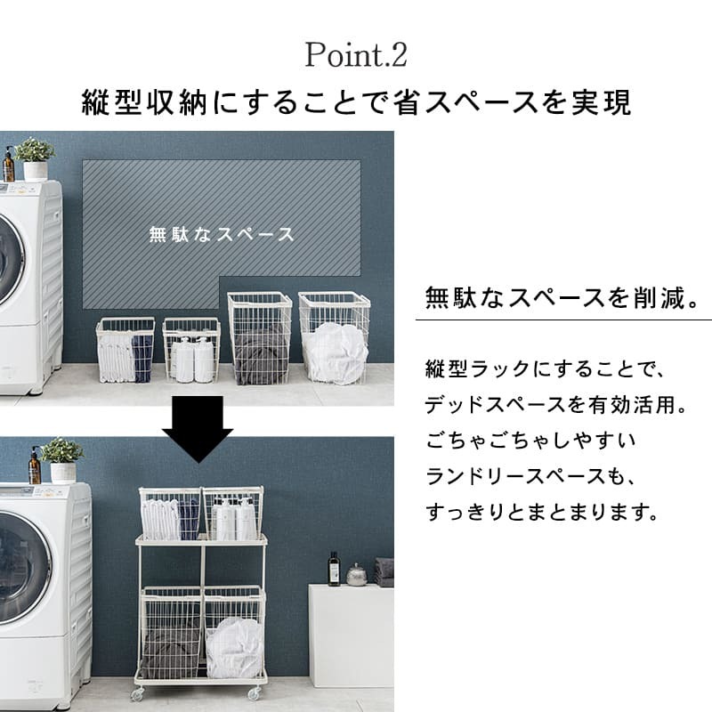 収納家具 ラック ランドリー 4BOX ダブル ランドリーバスケット 2段 4カゴ 洗濯物入れ 縦型収納 スチール ランドリー収納 ランドリーワゴン 洗濯かご おしゃれ シンプル 脱衣所 洗面所 キャスター