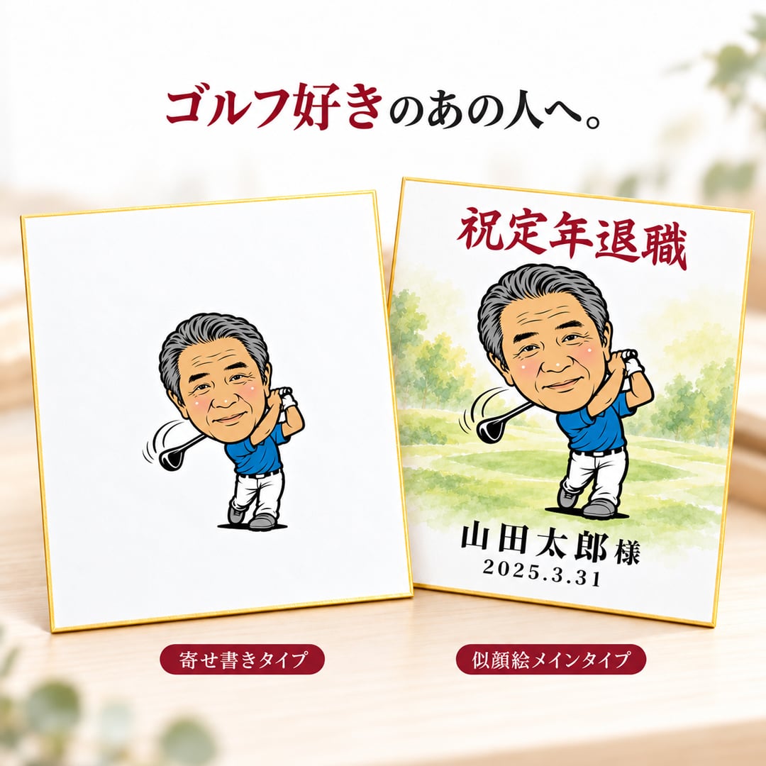 似顔絵 色紙 寄せ書き ゴルフ 写真から作る オーダーメイド 選べる2タイプ 2種類のゴルフポーズ 選べる3種類の似顔絵タッチ 名入れ 退職祝い 還暦祝い ホールインワン記念 送別会 上司 ゴルフ好き プレゼント ギフト