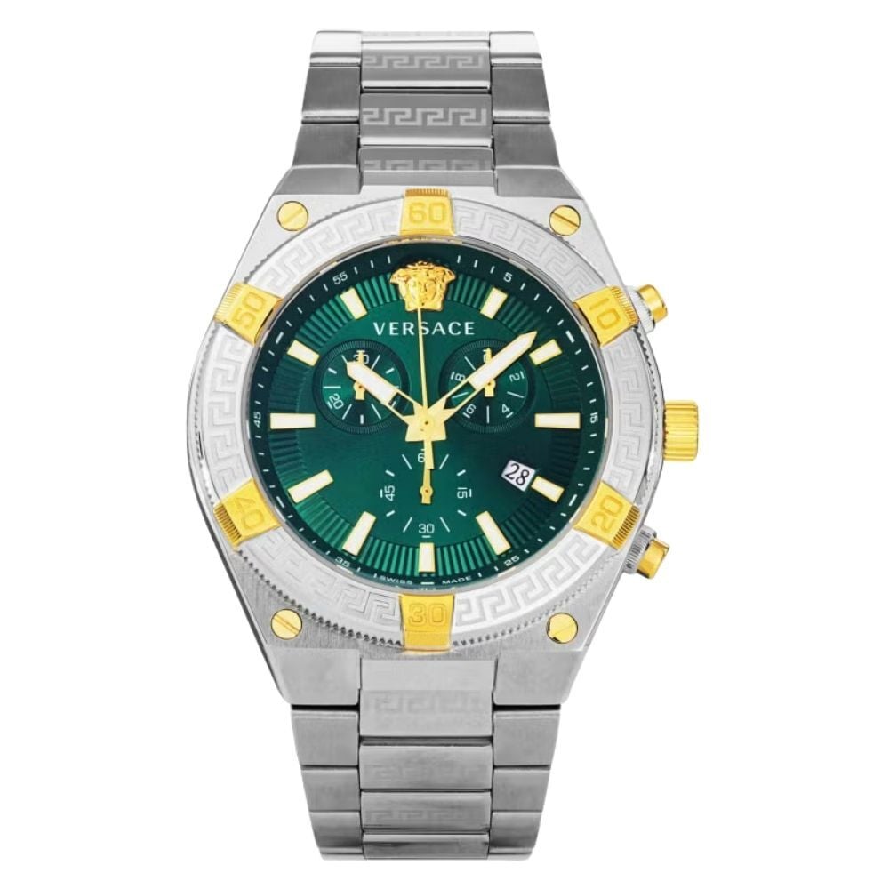 ヴェルサーチェ 腕時計 メンズ グリーン シルバー ゴールド クロノグラフ 46mm VERSACE SPORTY GRECA スポーティ グレカ スイス製 メンズ腕時計 高級 ブランド おしゃれ プレゼント ギフト 卒業 入学 お祝い